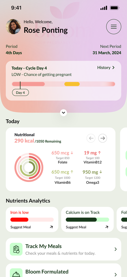 Bloom app dashboard showing personalised pregnancy nutrition tracking