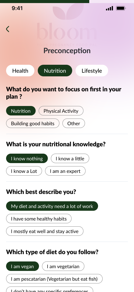 Bloom questionnaire personalising nutrition preferences