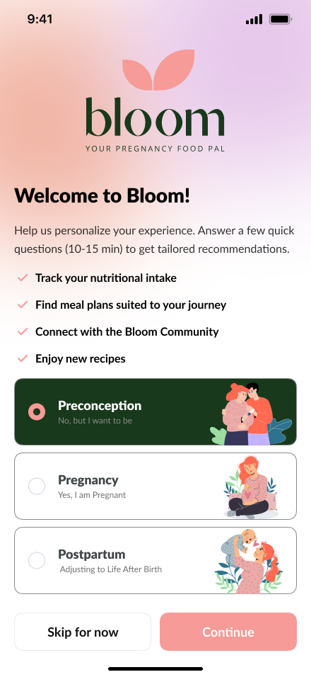 Bloom welcome screen with preconception, pregnancy and postpartum options